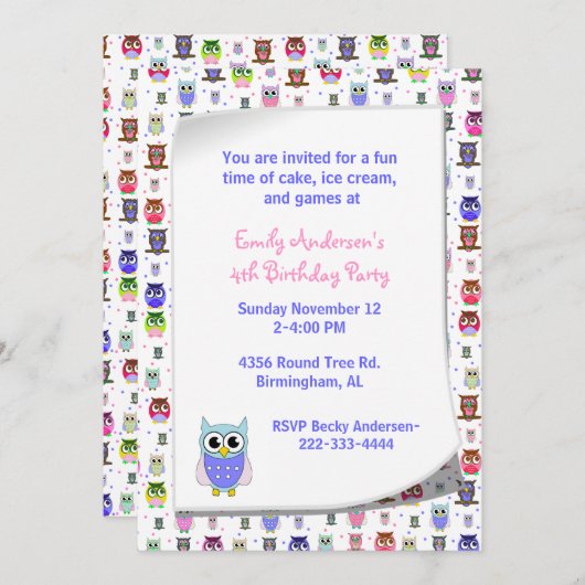 Jolie Chouette colorée Invitation d'anniversaire (Devant / Derrière)