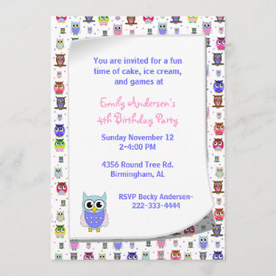 Jolie Chouette colorée Invitation d'anniversaire