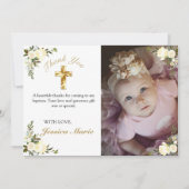 Jolie Croix d'or florale Baptême Merci photo (Devant)