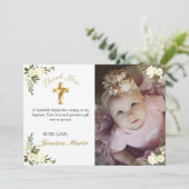 Jolie Croix d'or florale Baptême Merci photo (Debout devant)