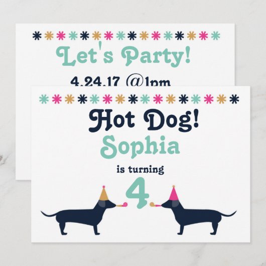 Jolie Dachshund Wiener Dog Invitation Anniversaire (Devant / Derrière)