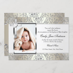Jolie Damask Cross Photo Baptism Invitation