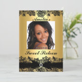 Jolie dentelle or & noir Photo Sweet 16 Invitation (Debout devant)