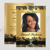Jolie dentelle or & noir Photo Sweet 16 Invitation (Devant / Derrière)
