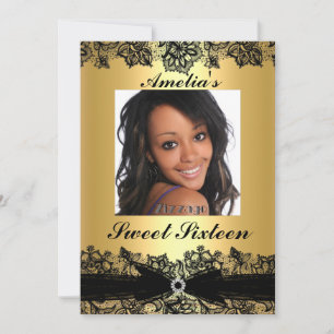 Jolie dentelle or & noir Photo Sweet 16 Invitation