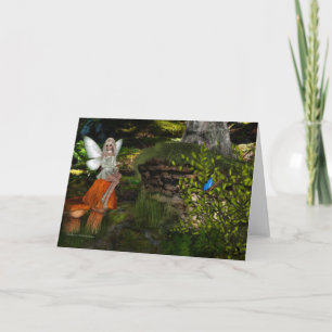 Jolie Fée assise sur une Carte de Vœux Champignon
