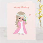 Jolie Fée Fille sur Carte d'Anniversaire Rose Clai (Fleur jaune)