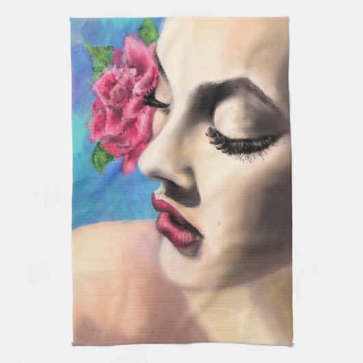 Jolie femme avec Rose rouge serviette de cuisine (Vertical)