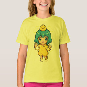 Jolie fille chibi aux cheveux bleus en T-shirt de