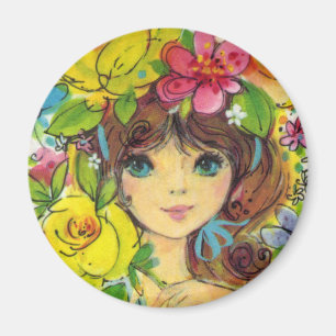 Jolie Fille dans un Bouquet de Fleurs Magnet