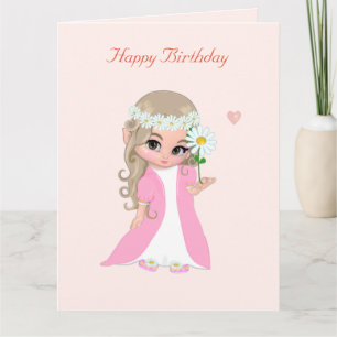 Jolie Fille Fée sur Carte d'Anniversaire Rose Clai