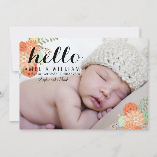 Jolie Floral moderne Hello Faire-part de naissance (Devant)