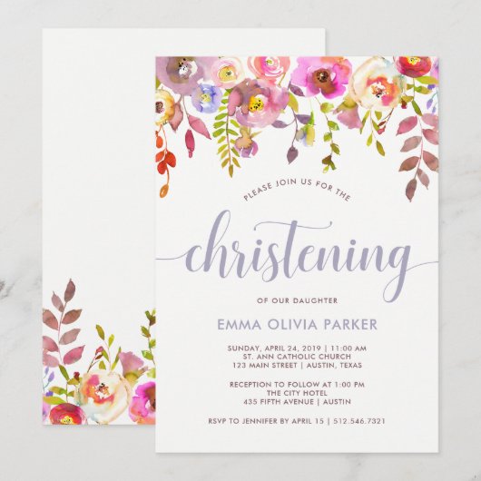 Jolie florale délicieuse | Invitation Christening (Devant / Derrière)