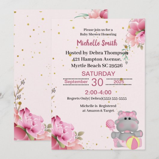 Jolie Hippo Floral Baby Shower Invitations (Devant / Derrière)