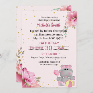 Jolie Hippo Floral Baby Shower Invitations