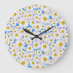 Jolie horloge ronde à mur : Marguerites sur bleu