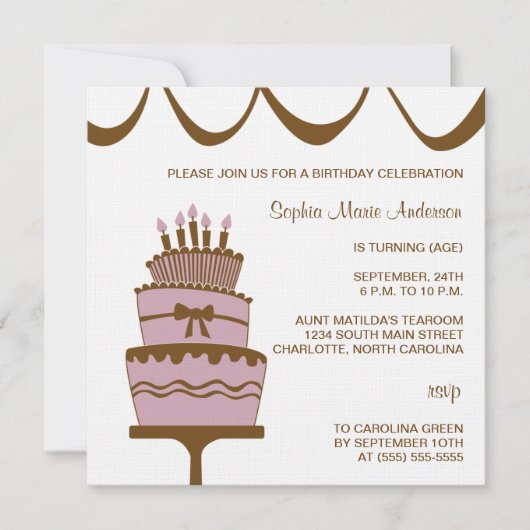 Jolie invitation à la fête du gâteau d'anniversair (Devant)