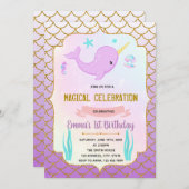 Jolie invitation à thème narval violet (Devant / Derrière)