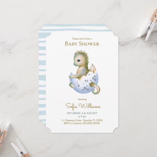 Jolie invitation au baby shower pour dragon. (Devant/Arrière en situation)