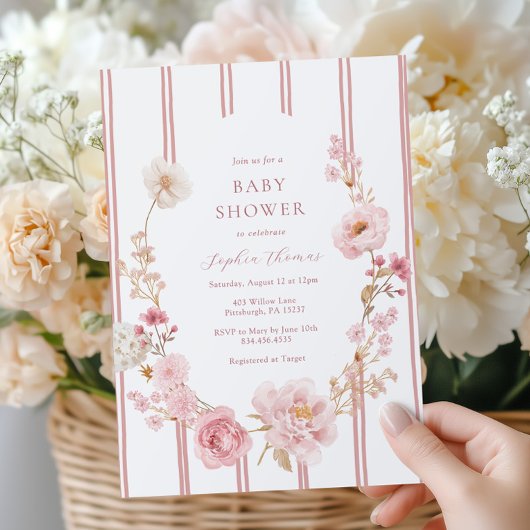 Jolie invitation au Baby shower rose floral