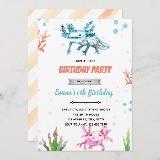 Jolie invitation d'anniversaire axolotl (Devant / Derrière)