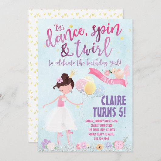 Jolie invitation d'anniversaire Ballerina (Devant / Derrière)