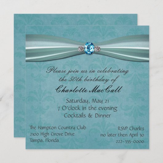 Jolie invitation d'anniversaire de damassé d'Aqua (Devant / Derrière)