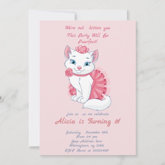 Jolie invitation d'anniversaire de fille rose chat (Devant)