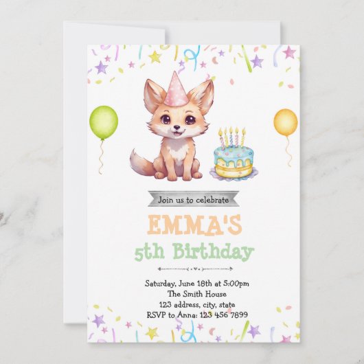 Jolie invitation d'anniversaire de renard (Devant)