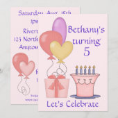 Jolie invitation d'anniversaire rose (Devant / Derrière)