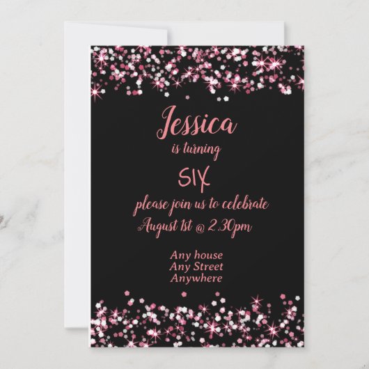 Jolie invitation d'anniversaire rose sur noir modi (Devant)