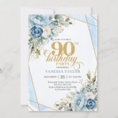 Jolie invitation de 90 ans avec fleurs dorées bleu (Devant)