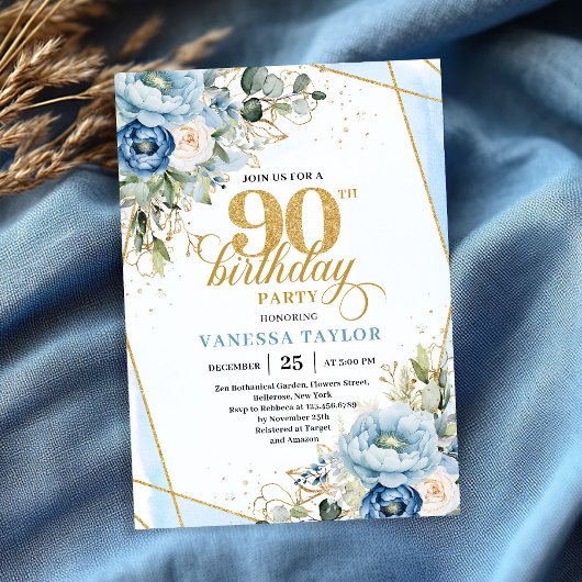 Jolie invitation de 90 ans avec fleurs dorées bleu