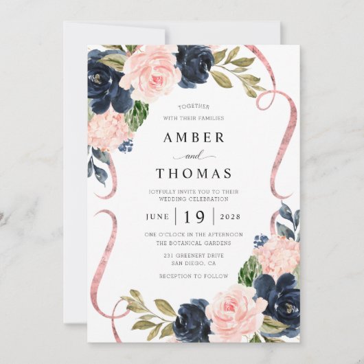 Jolie invitation de mariage florale rustique Navy  (Devant)