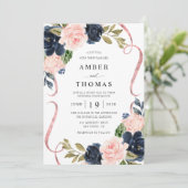 Jolie invitation de mariage florale rustique Navy  (Debout devant)