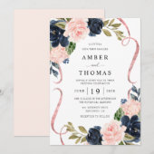 Jolie invitation de mariage florale rustique Navy  (Devant / Derrière)