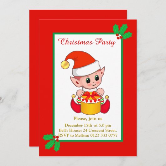 Jolie invitation des elfes de Noël (Devant / Derrière)