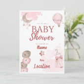 Jolie invitation en Baby shower rose (Debout devant)