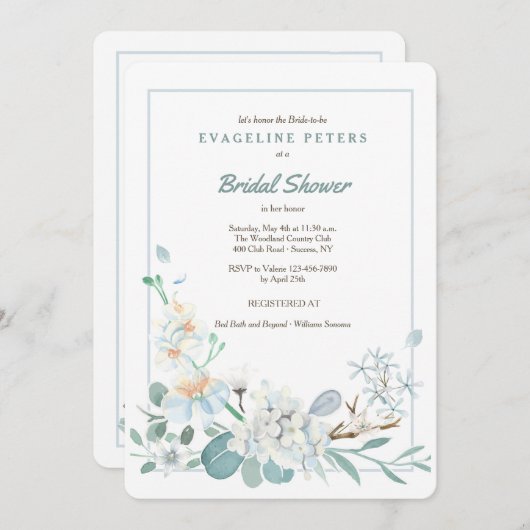 Jolie invitation florale bleue (Devant / Derrière)