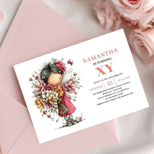 Jolie invitation florale rose pour les 7 ans de la