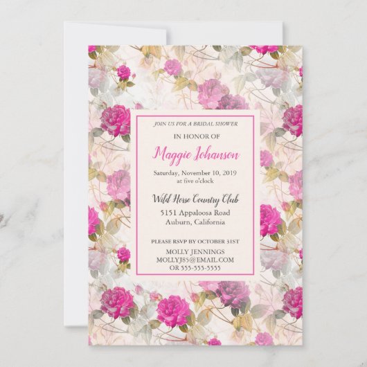 Jolie invitation Rose de douche nuptiale (Devant)