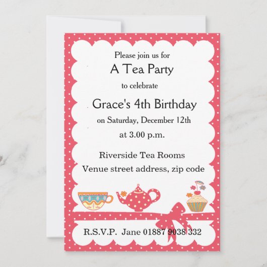 Jolie invitation Tea Party pour enfants (Devant)