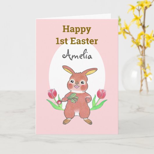 Jolie Lapin Bébé Joyeux 1er Pâques Carte Pliée (Fleur jaune)