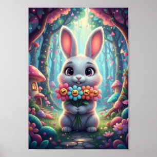 Jolie Lapin de la Forêt Poster avec Fleurs et Sour