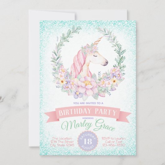 Jolie licorne Anniversaire Invitations (Devant)