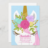 Jolie licorne Face Floral Anniversaire Invitation (Devant / Derrière)