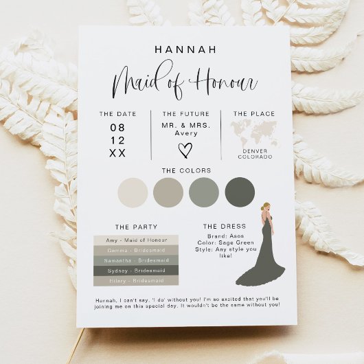 JOLIE Modern EDITABLE Maid of Honor Info Kaart