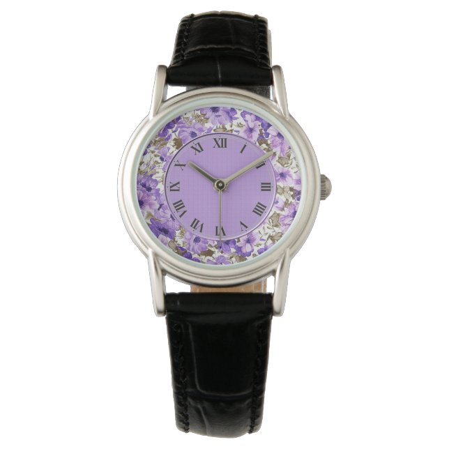 Jolie montre à poignet florale violet et blanc (devant)