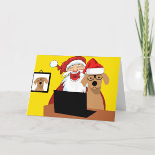 Jolie Père Noël et Chien à l'ordinateur Carte de N