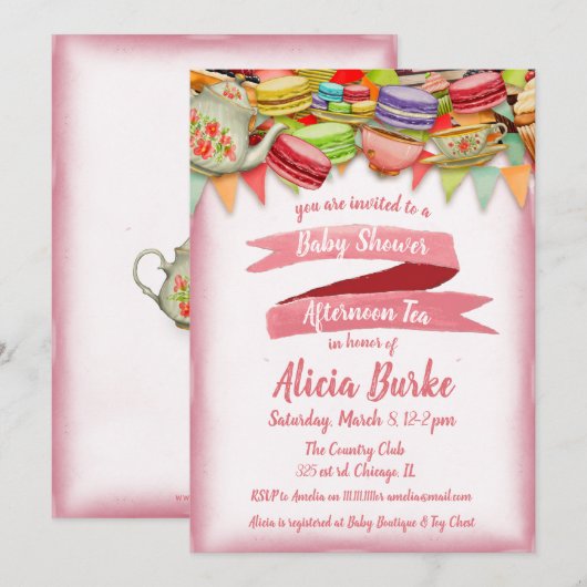 Jolie Pink Baby shower Tea Party Invitation (Devant / Derrière)